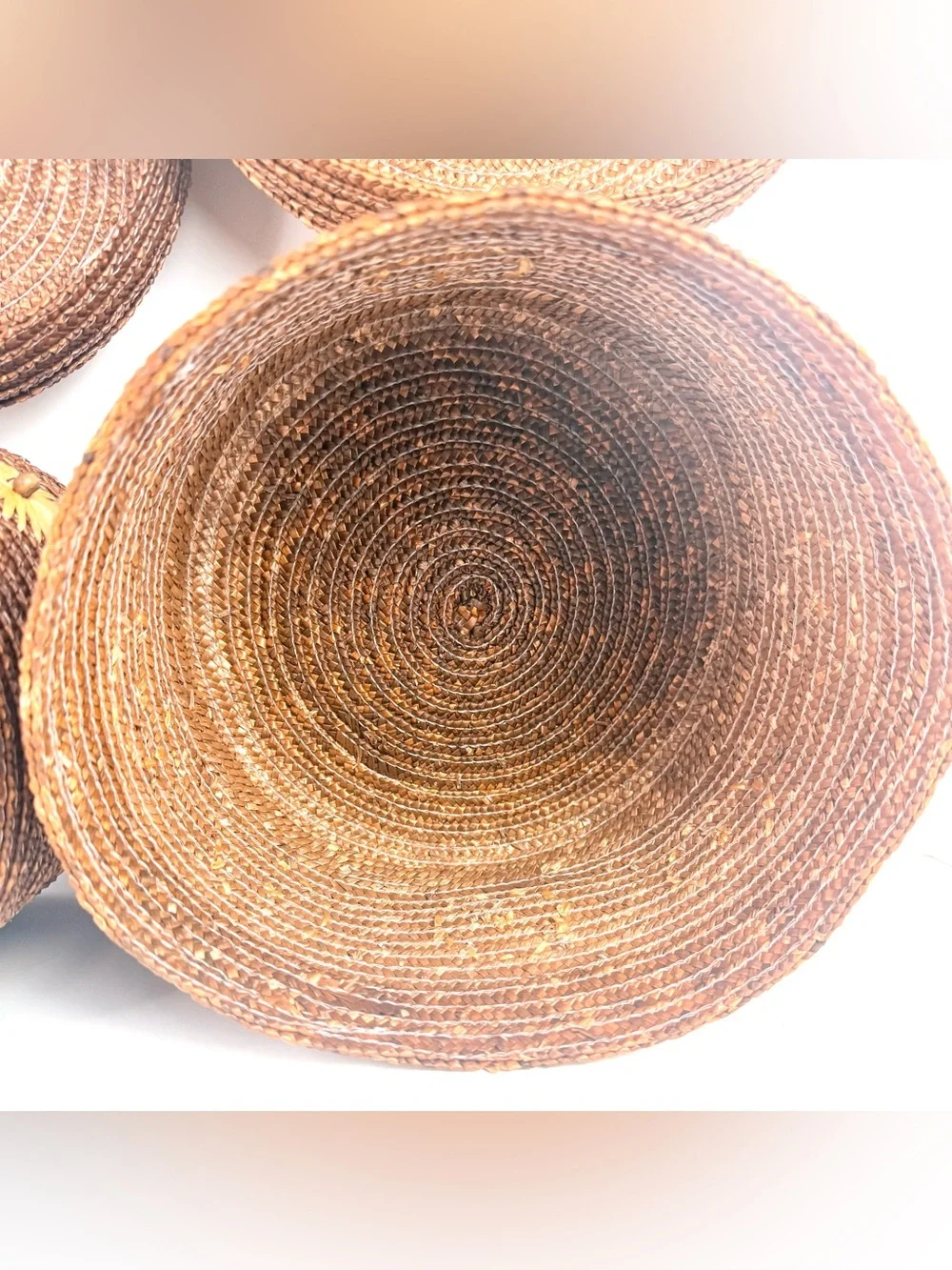 Set Of 2 Vintage Pier 1 Round Straw Storage Basket W/ Lid & Flowers On Side boho